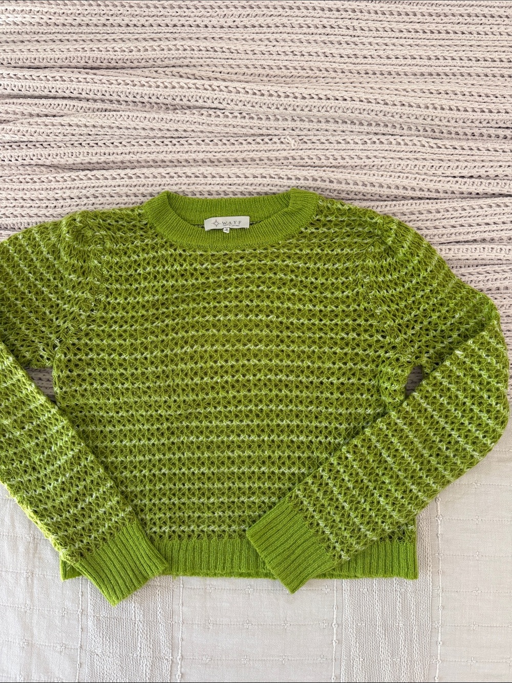 Wayf Green Open-Knit Crewneck Sweater
